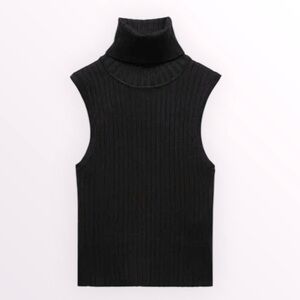 🎭🥑ZARA Black Ribbed Cropped Sleeveless Turtleneck Knit Top S